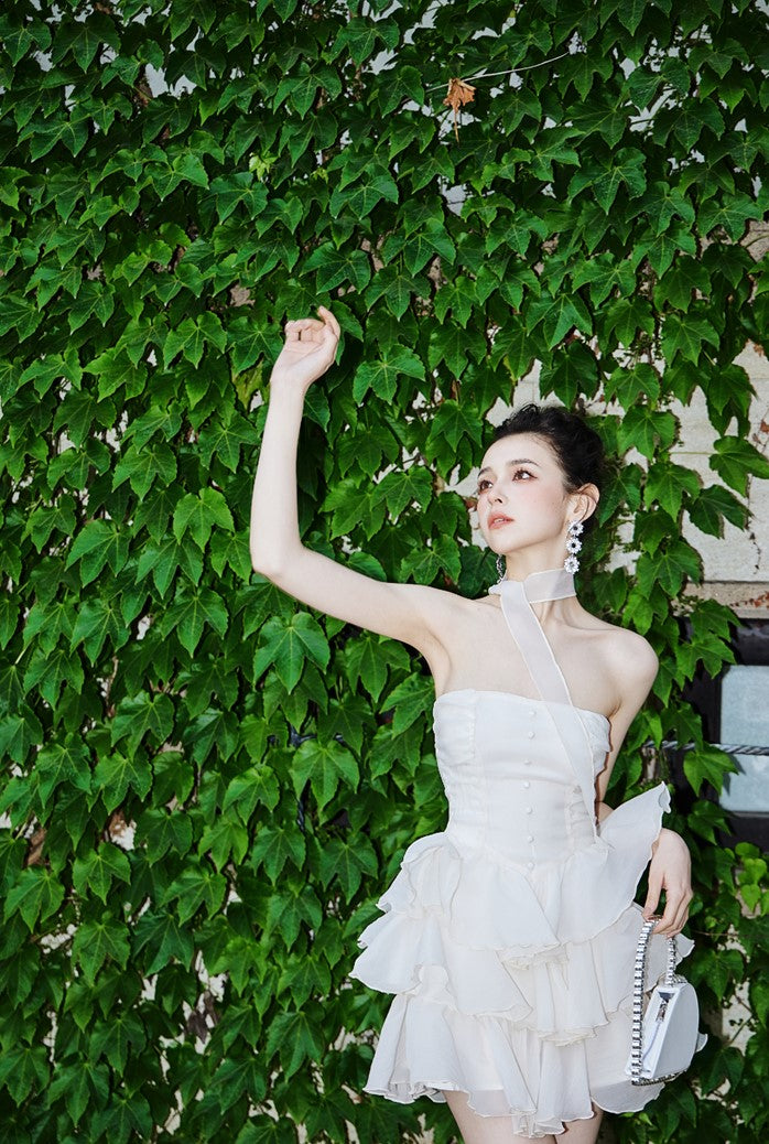 DOLLY Elegant Cream Colored Tube Top Fluffy Ruffle Birthday Dress-ANDORA (V)