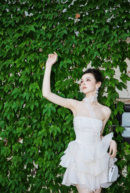 DOLLY Elegant Cream Colored Tube Top Fluffy Ruffle Birthday Dress-ANDORA (V)