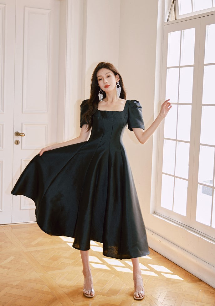 DOLLY Elegant Retro Square Neck Short Puff Sleeve Satin Long A-Line Dress-BAMBI