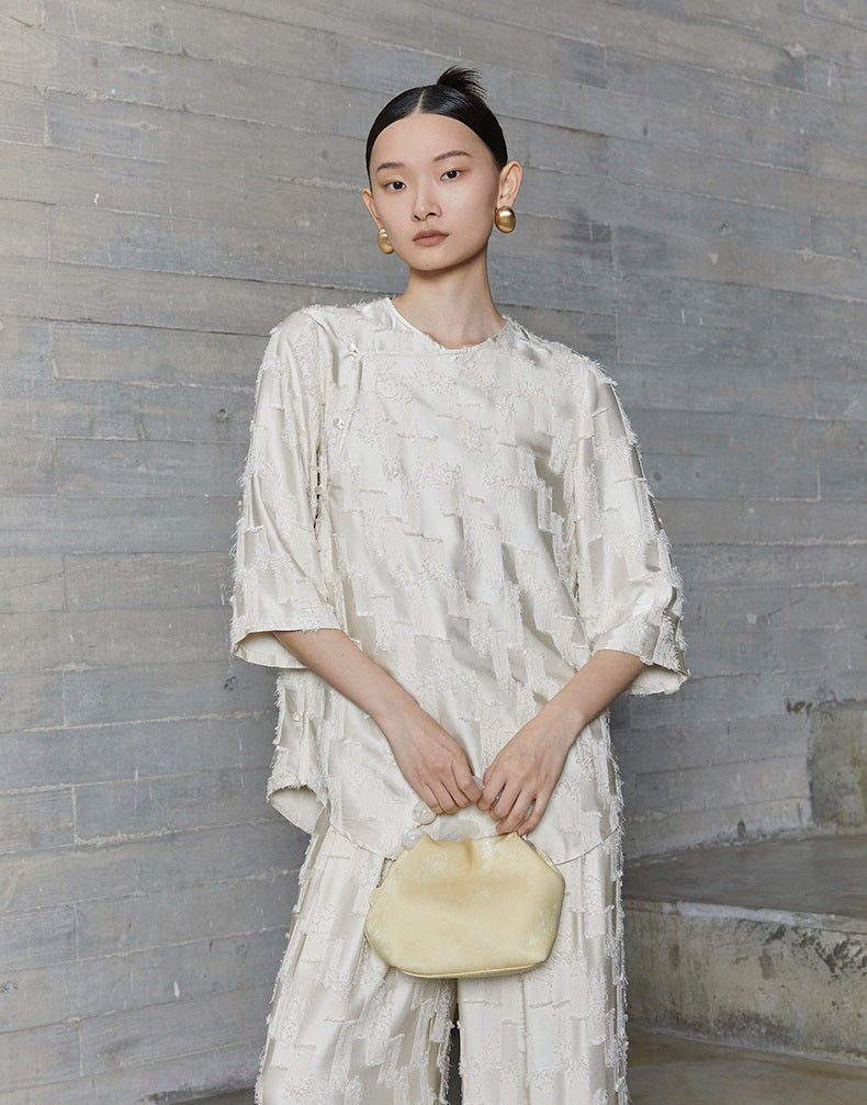 HECO Round Neck Square Tassel Design Texture Shirt Top Women - reign.