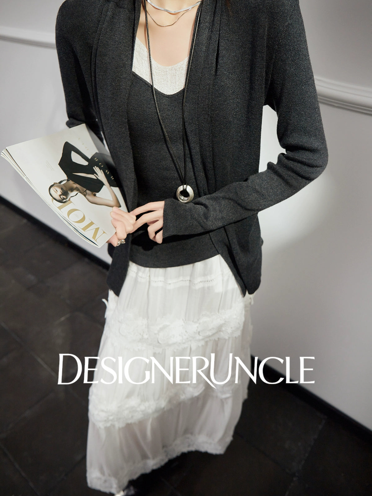 DGU "Moqin" dark flower gray jacket new lazy style design loose cardigan - Avery.