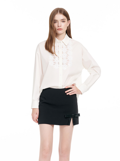 YES BY YESIR |  Stitched Lace Detail White Long-Sleeved Shirt -AMARIELLE.
