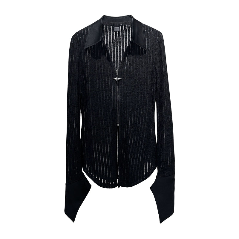ANNAKIKI Women's Black Meteor Double Zipper Slim Long-Sleeved Shirt-MARTHA