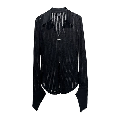 ANNAKIKI Women's Black Meteor Double Zipper Slim Long-Sleeved Shirt-MARTHA