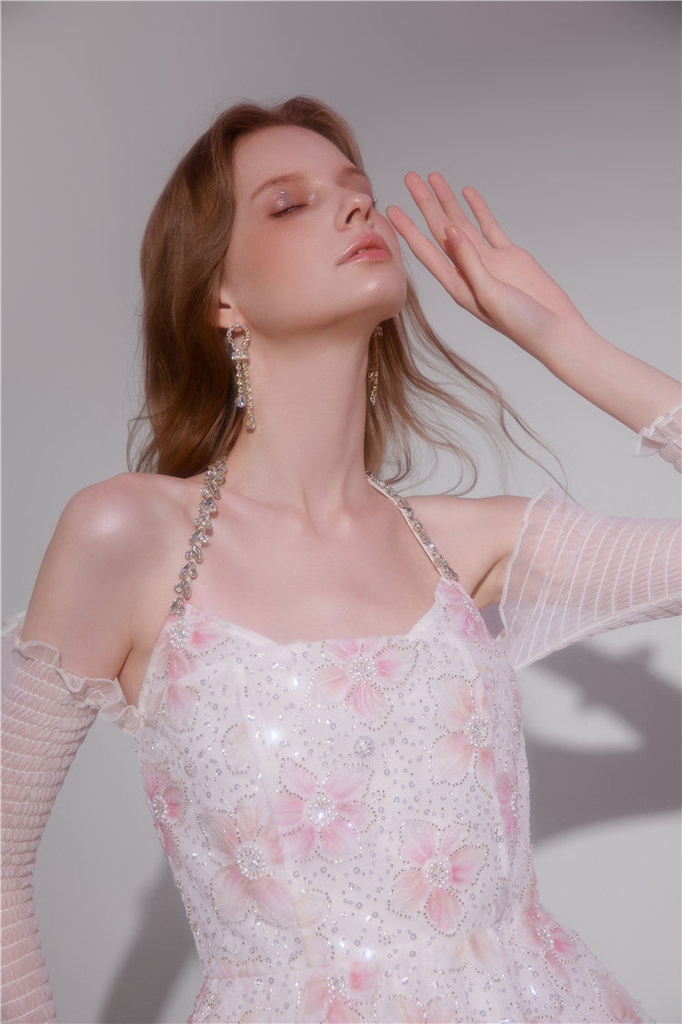 Wardrobes by Chen Elegant Pink Halter Long Sleeve Flower Dinner bridal Dress-Gika