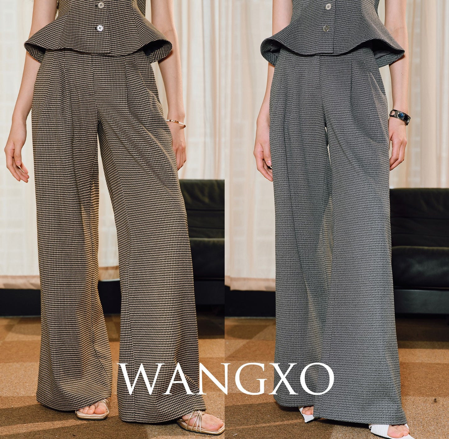 WANGXO | V-Neck Waist Ruffle Swing Sleeveless Vest Suit-ZORA.