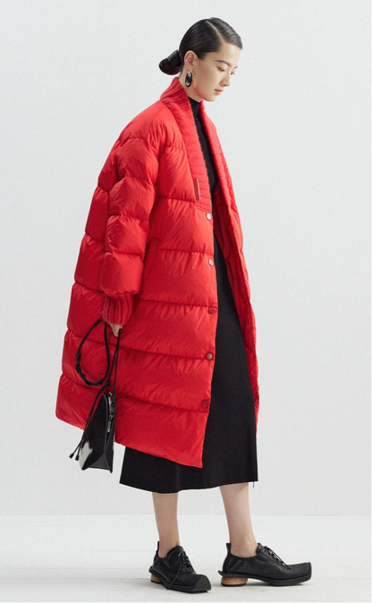 ZHUCHONGYUN Red ribbed collar long puffer jacket-SPIKE.