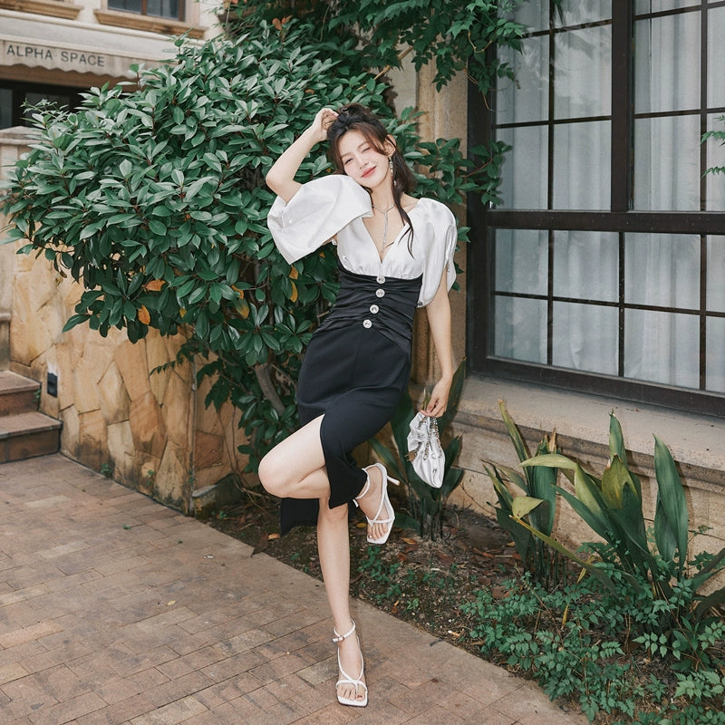 DOLLY Elegant Black and White Deep V-Neck Short Puff Sleeves Slim Fit Office Dress-ZOEY