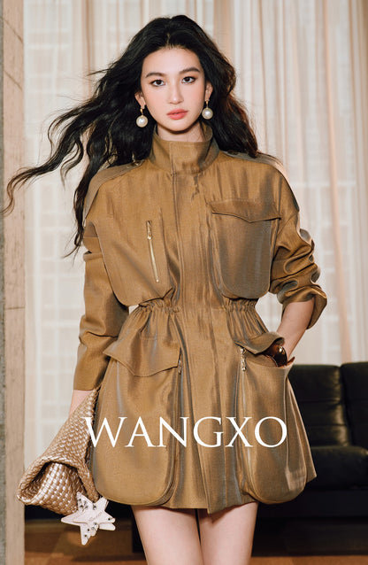 WANGXO | High-End Luxury Silk Brocade Luster Stand-Up Collar Waist 3D Pocket Jackets-VERA