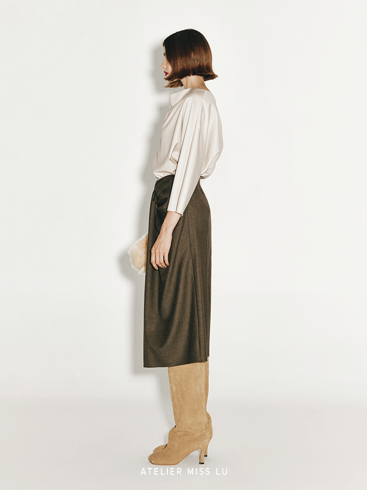 ATELIER MISS LU Fall/Winter shirred tailoring design sheep wool skirt - BEATRIX