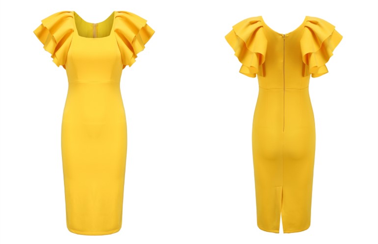 DOLLY Elegant Square Collar Ruffle Short Sleeves Slim Fit Midi Office Dress-HELEN