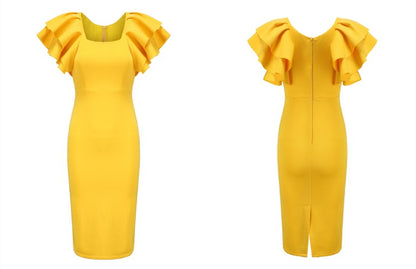 DOLLY Elegant Square Collar Ruffle Short Sleeves Slim Fit Midi Office Dress-HELEN