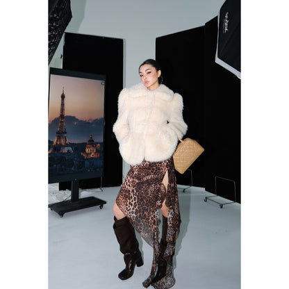 MEI SANGUAN beige retro fur short single-breasted top coat - AUSTIN