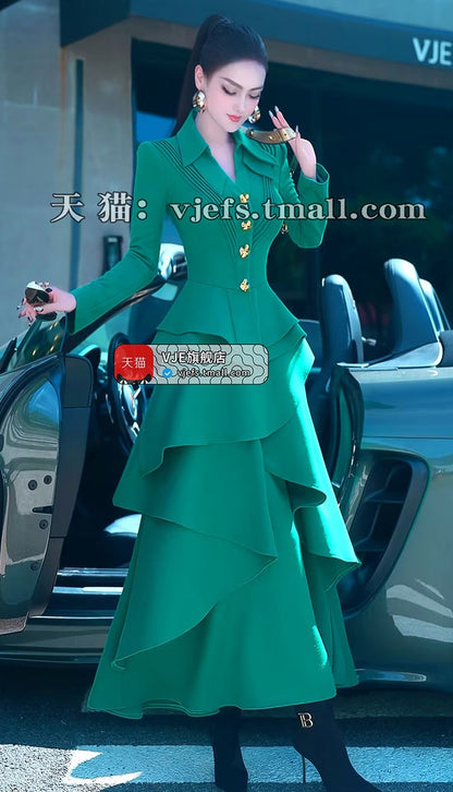 VJE Fashion Outfit Suit Skirt New Western-style Jacket Two-piece Irregular Long Skirt-NIMA