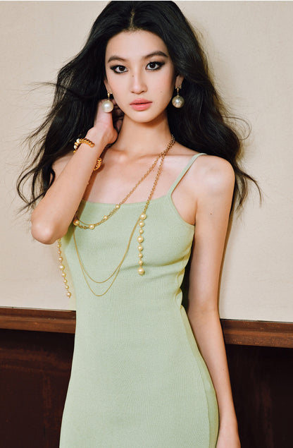 WANGXO | High-Quality Linen Tulle Temperament Suspender Fishtail Dress-LÉYA.