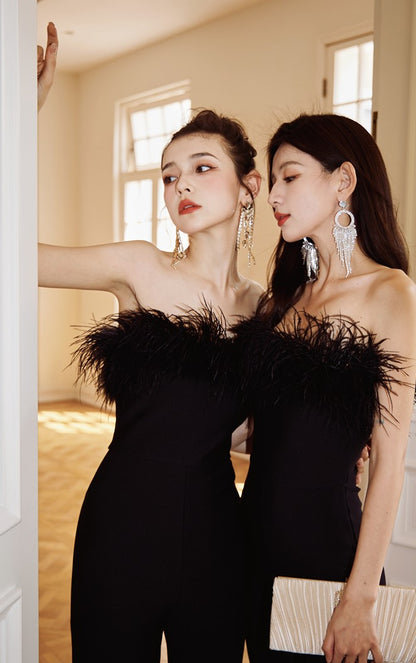 DOLLY High End Black Sleeveless Feather Tube Top Long Flared Pant Jumpsuit-PALMER