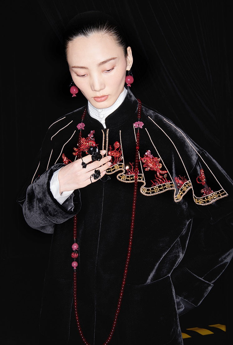 M essential Mackay designer silk velvet two-dimensional fish algae curtain bead jacket - BIDING.