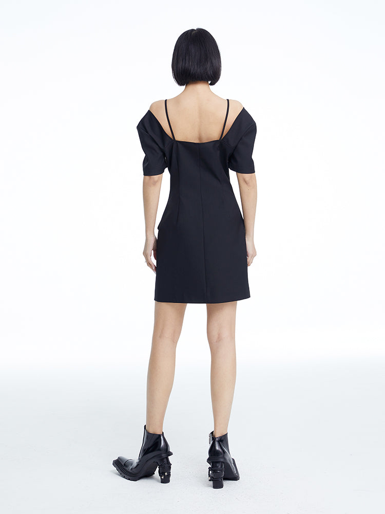 TINY IN dropped shoulders short sleeve square neck little black dress -JAJA