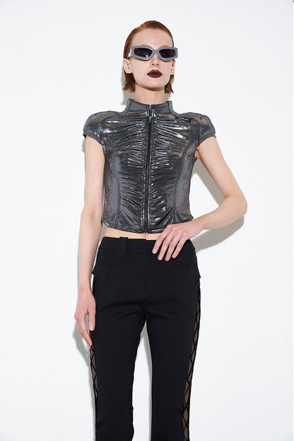 ANNAKIKI silver gray round shoulder shaped slim short jacket for women-KASUGAU