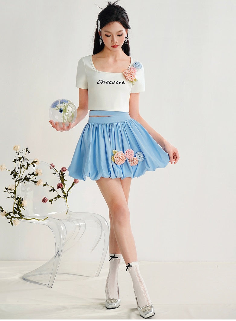 CHECOCRE Handmade Three-dimensional Flower Short Sleeve T-shirt and Skirt - BRAD