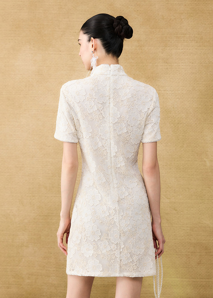 HECO Chinese style short-sleeved embossed flower summer cut-out short dress- TEMIRO.