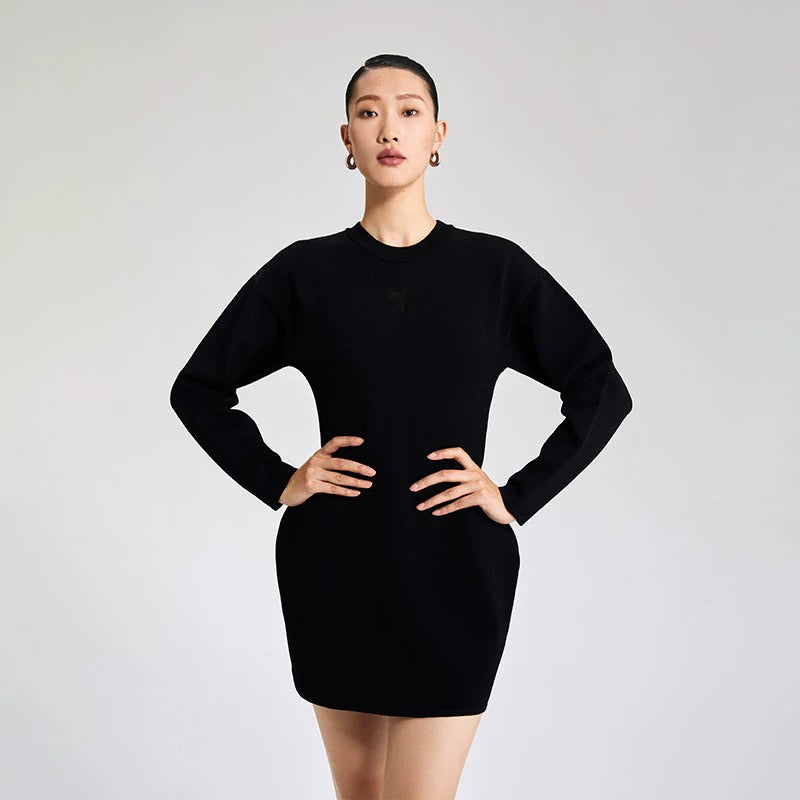 LEDI W Fall/Winter Premium High hip short lbd long sleeve black structured Black Vase Dress - Loike