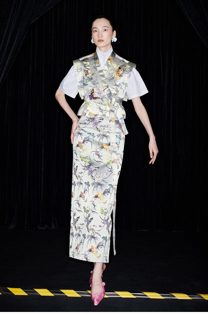 M essential Mackay designer butterfly beaded quilted cottonskirt vest shirt set - toes.