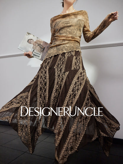 DGU "Night Weave" coffee skirt new A-line high-waisted long slimming top - PAYPHONE.