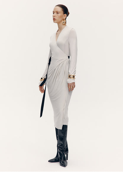 ATELIER MISS LU [Ferrar Pleated Light] Lace-up Soft Knit Wrap Dress -BWEST