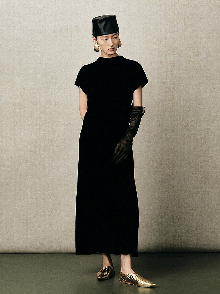 ZHUCHONGYUN crew neck short sleeve black slim long dress-REI.