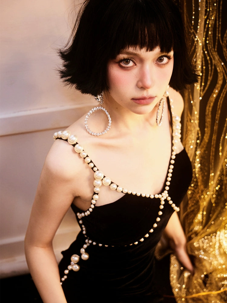 DOLLY Elegant French Style Black Sleeveless Pearl Velvet Slim Fit Dinner Dress-EMILY (V)