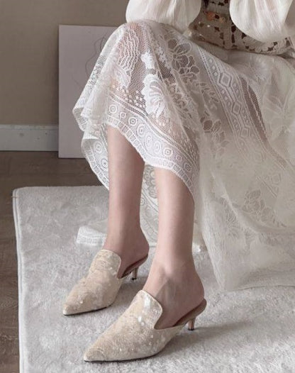 B-FEI Niche Embroidered Pointed Semi-Toe Kitten Heel Mules-IMMU.