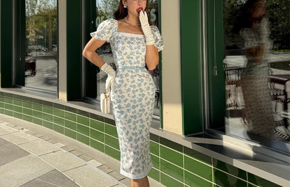 Le Palais Vintage blue floral princess square neck dress-ITSUKA