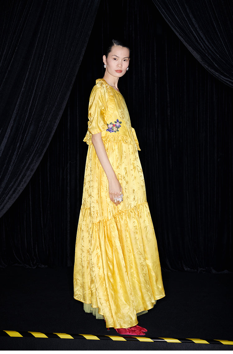 M essential Mackay designer Pine yellow jacquard short-sleeved tower fll dress- Abyn.