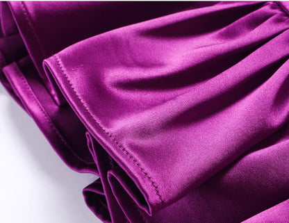 WANGXO Acetate Satin Silky Smooth Collar Cut-Out Aesthetics Shirred Waist Umbrella Top - VIOLA