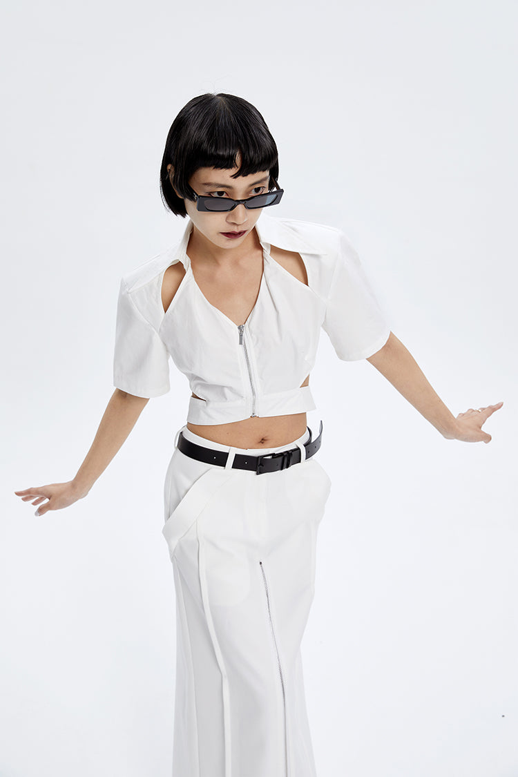 TINY IN cut-out slim zipper ultra-cropped female top -GASA