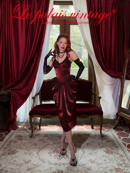 Le Palais Vintage  Red Fishbone Corset High Waisted Flower Bud Pencil Skirt-ALEC