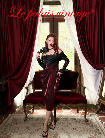 Le Palais Vintage  Red Fishbone Corset High Waisted Flower Bud Pencil Skirt-ALEC