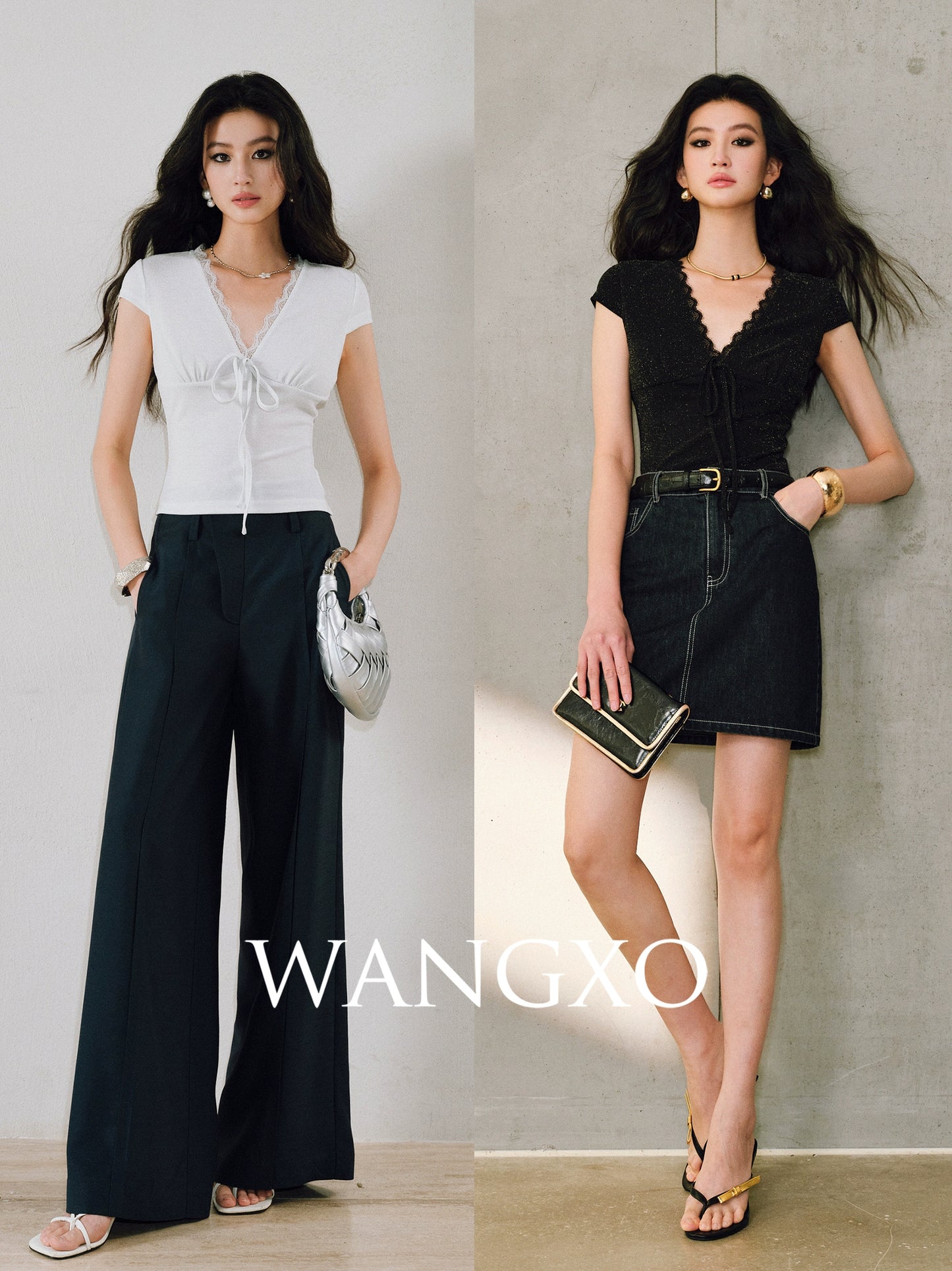 WANGXO | Sparkling Silk High-Density Knit Hand-Shaped Lace Detail V-Neck Slim Fit Top -NOYA