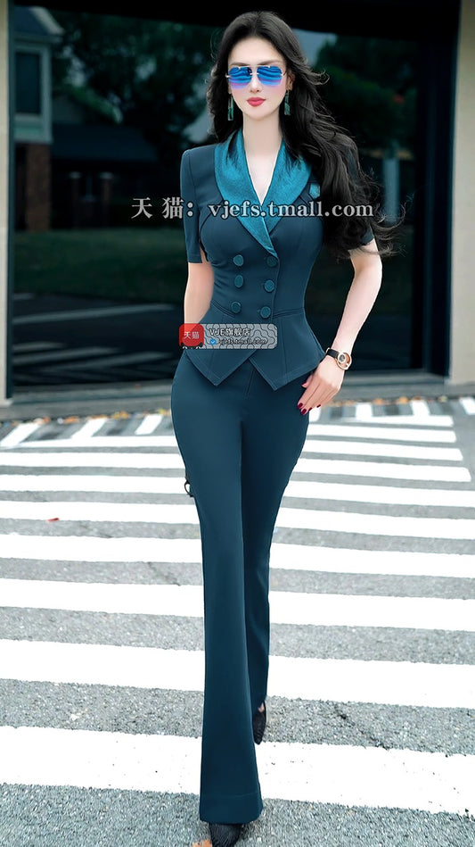 VJE  Double-Breasted Jacket Flared Pants Two-Piece Set - UNIC.