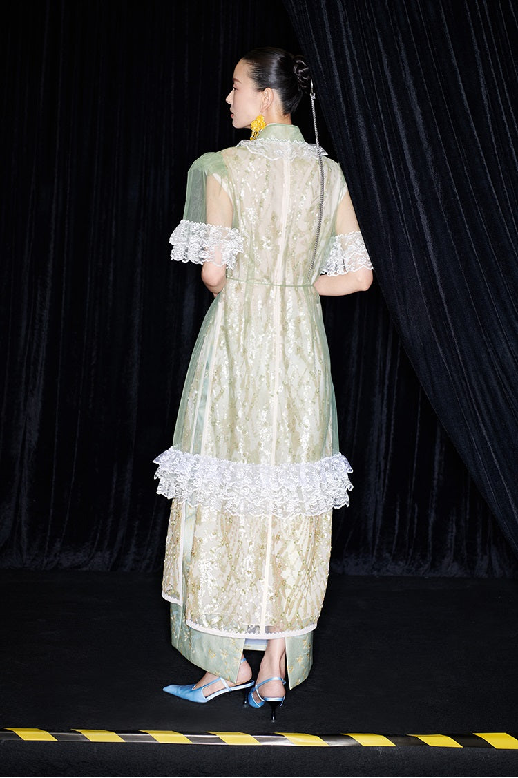 M essential Mackay designer Ear Mesh lace welt stand-up collar dress - DOUNT.