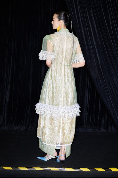 M essential Mackay designer Ear Mesh lace welt stand-up collar dress - DOUNT.