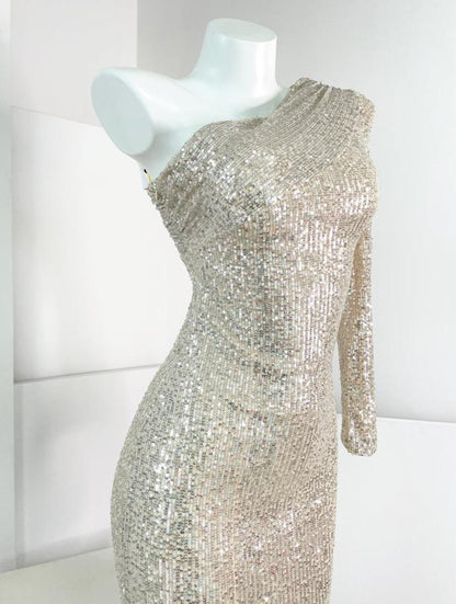 DOLLY Luxury Slant Collar Long Sleeve Sequin Slim Fit Backless Dress-IU