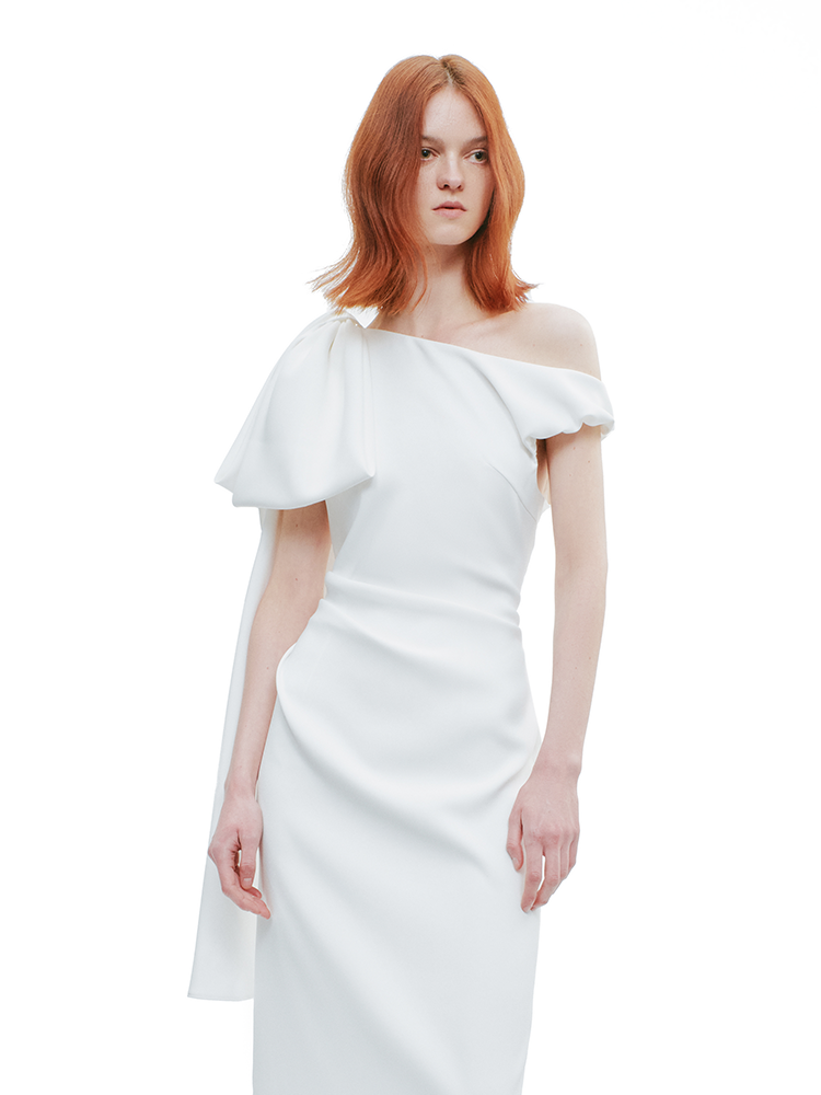 YES BY YESIR |Ye Qian  Slanted Shoulder Ribbon Bow Dress -EVANGELINE.