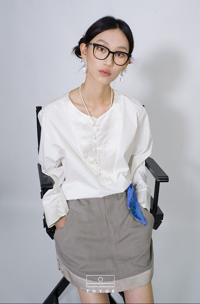 TUYUE  White Cotton Acetic Acid Long Sleeve Shirt - NAOMI.
