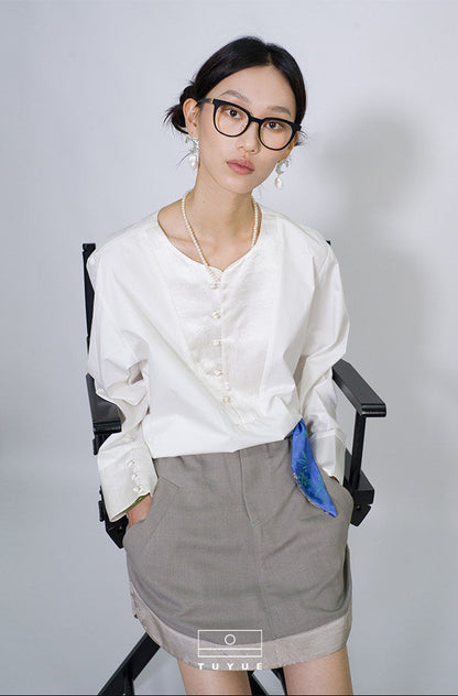 TUYUE  White Cotton Acetic Acid Long Sleeve Shirt - NAOMI.