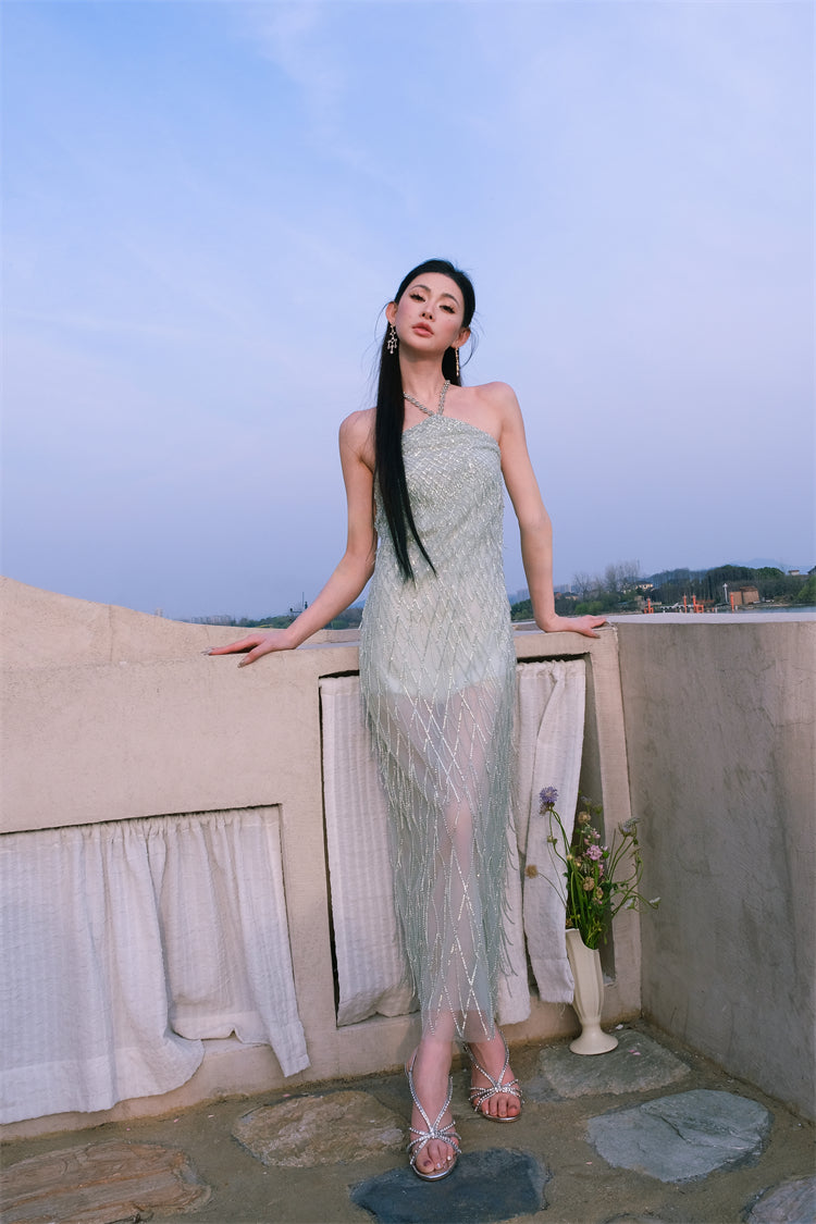 Wardrobes by Chen Elegant Green Halter Tassel cocktail party Dress-Zen