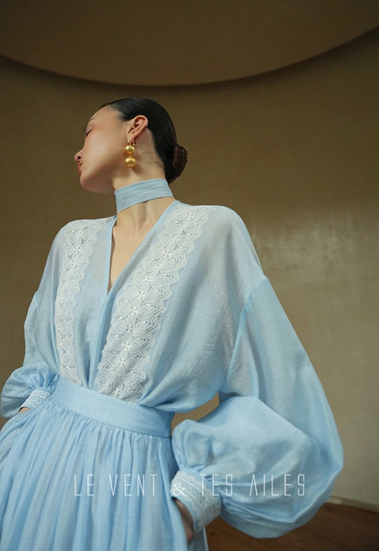 LE VENT&TES AILES pastel blue elegant summer vacation  V-neck shirt skirt set -GWEN