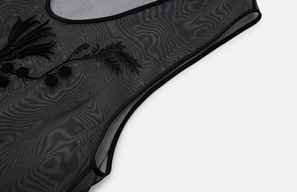 ZHUCHONGYUN U-neckline organza mesh black top-YOYO.