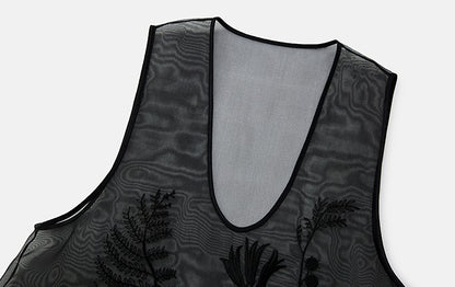 ZHUCHONGYUN U-neckline organza mesh black top-YOYO.